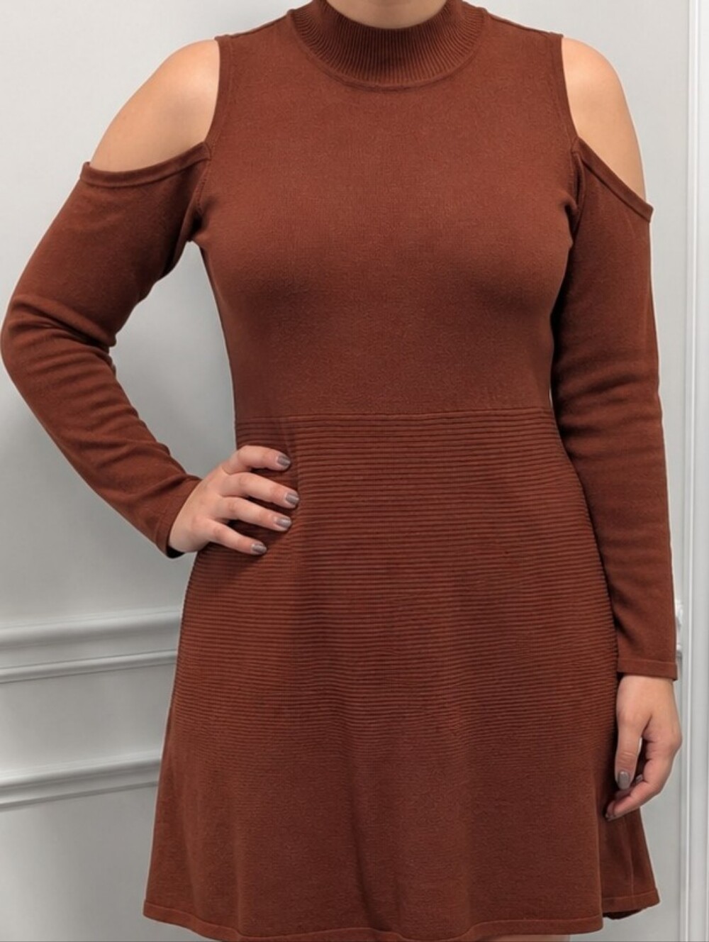 Style & Co. Cold-Shoulder Knit Swing Dress in Rust
